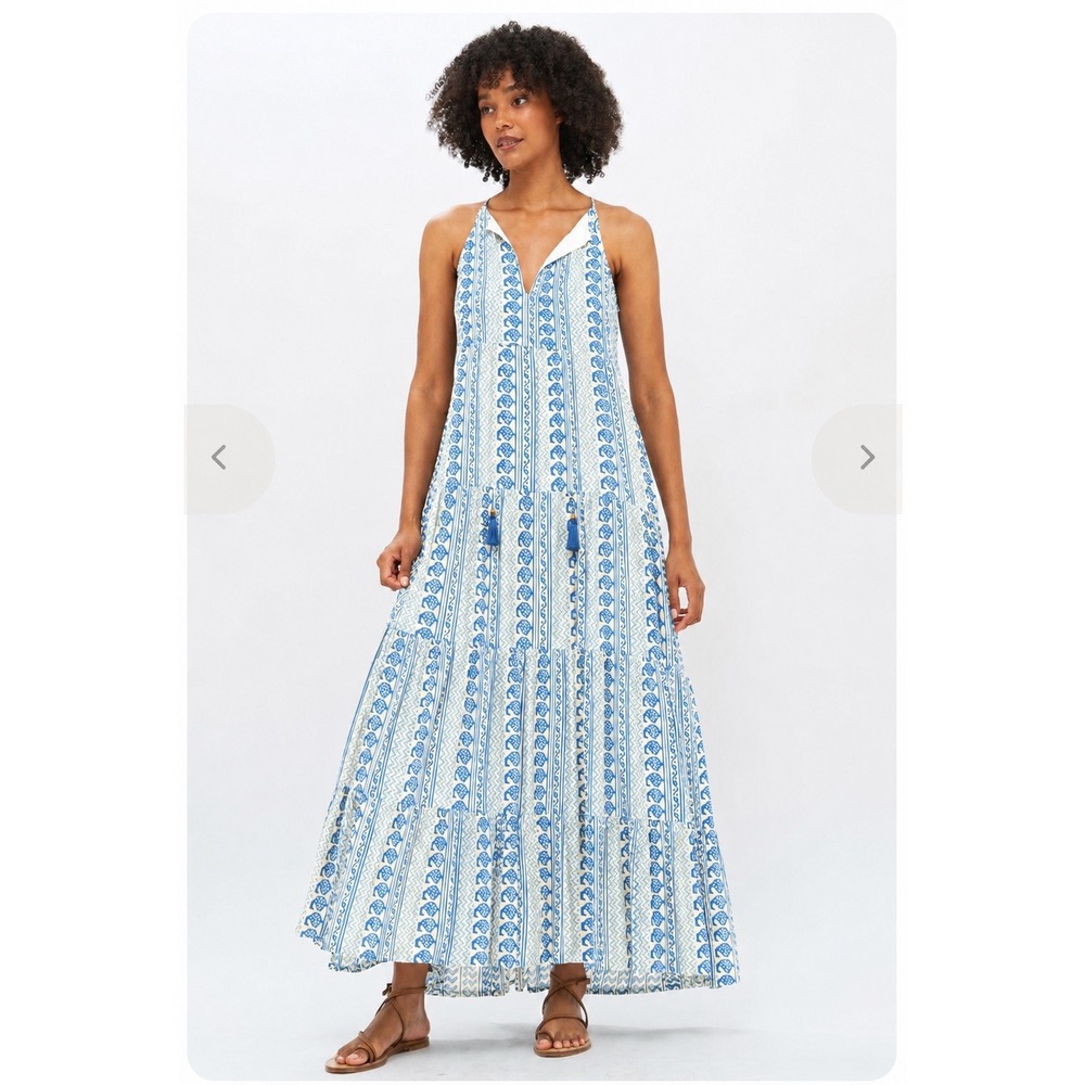 Oliphant Long Tiered Tassel Maxi Dress M 100% Cotton Boho Coastal Casual Resort